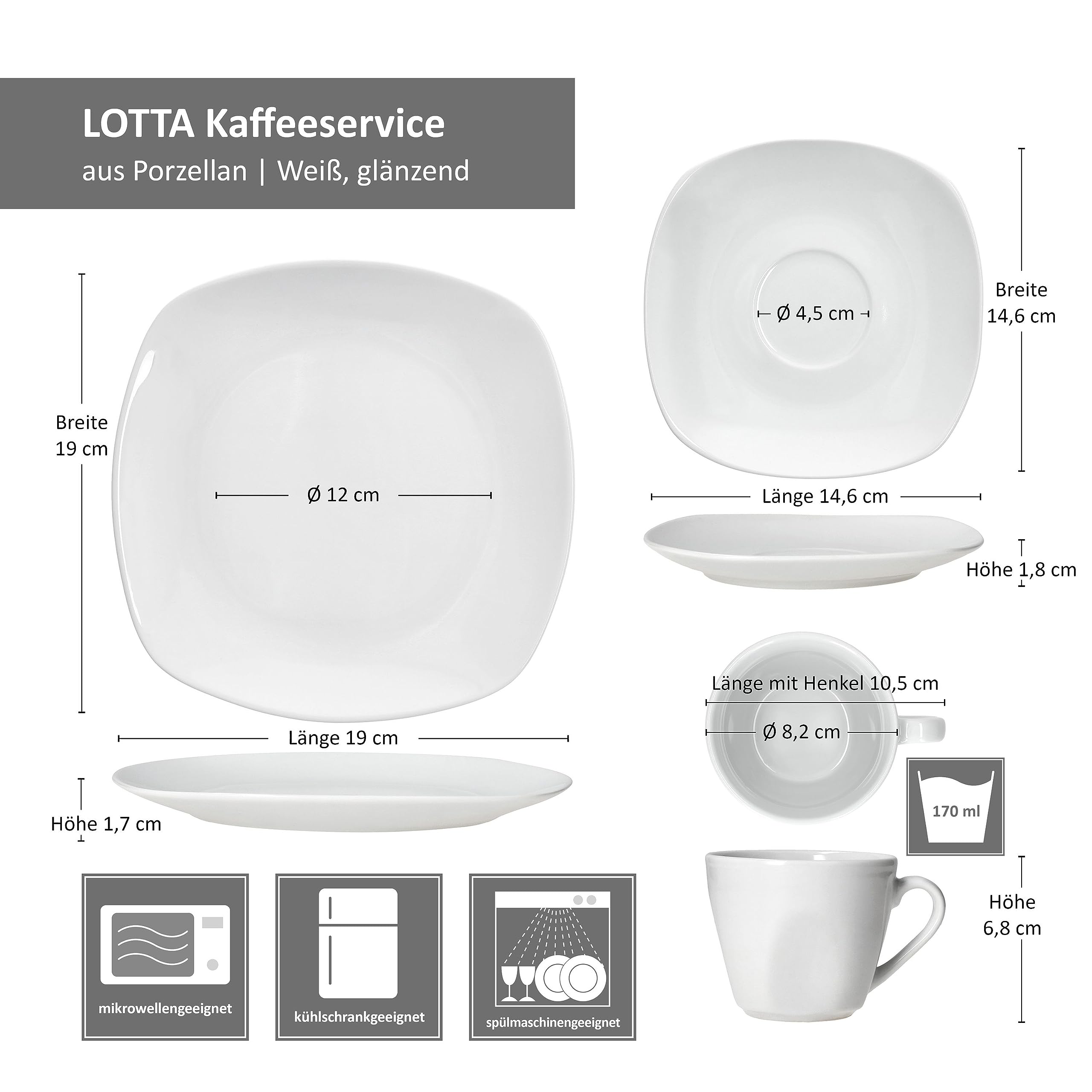 MamboCat Lotta 18tlg Kaffeeservice I weiße Porzellan-Kaffeeset für 6 Personen I Je 6x Kaffeetassen 170ml, Untertassen & Kuchenteller I schickes Geschirr für Frühstück & Kaffee I für Gastro, Hotel & Co