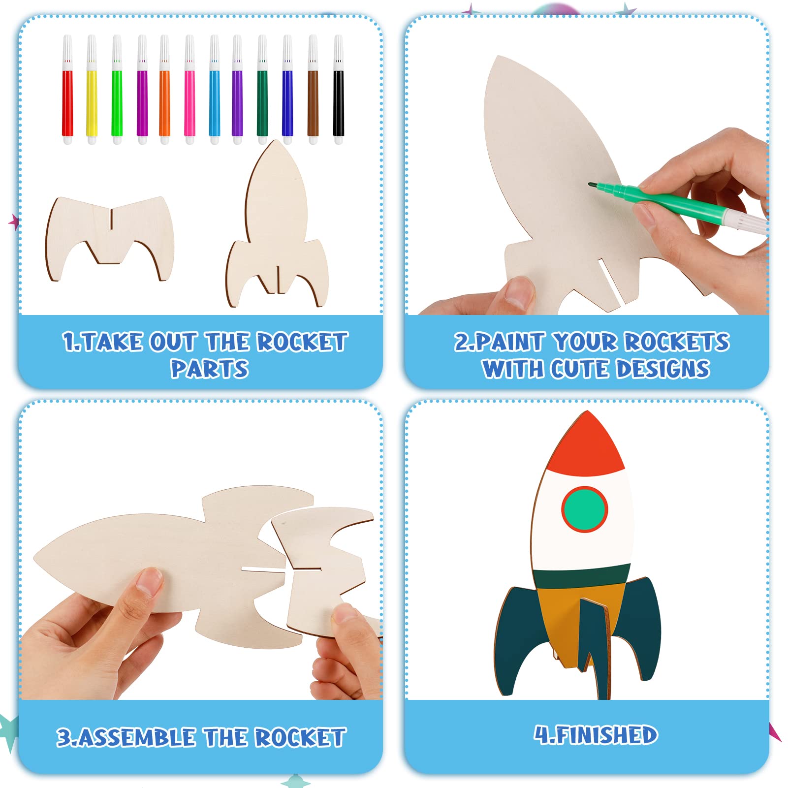 24Pcs Fusée En Bois Jouet, Fusée à Colorier Bois Spatial, Fusée