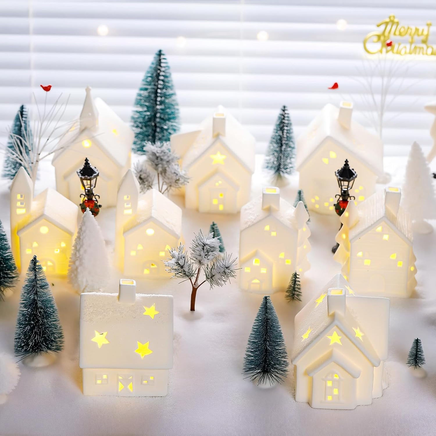 Set of 28 Ceramic Christmas Village Sets 8 Pieces White House with 18 Pieces Snow Tree 2 Lamp Vintage Christmas Decoration for Mantle Table Top Decor (Elegant)