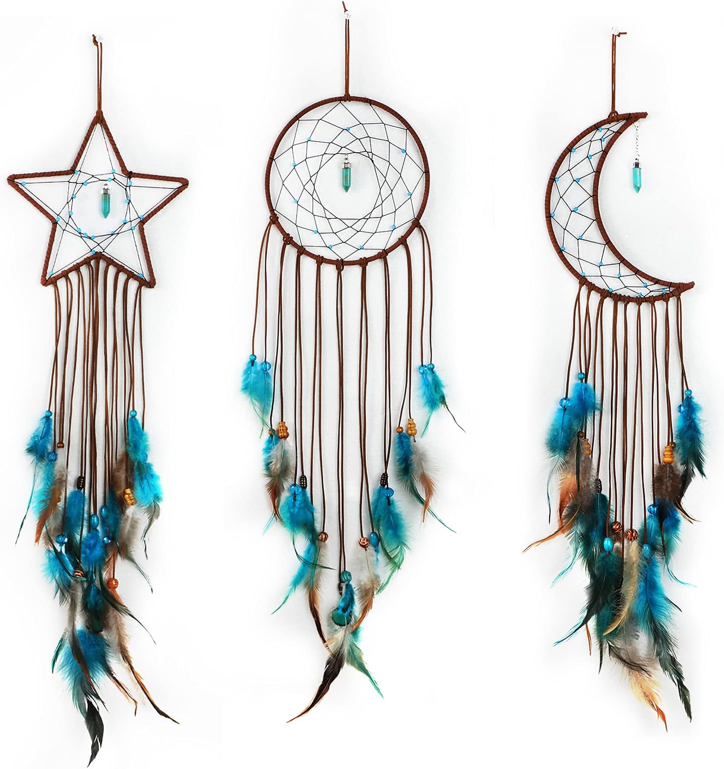 Jetec 3 Pcs Dream Catcher Moon Sun Star Design Handmade Traditional Craft Ornament Wall Hanging Home Decoration Bedroom Wedding Halloween Christmas Decorations(Dark Blue)