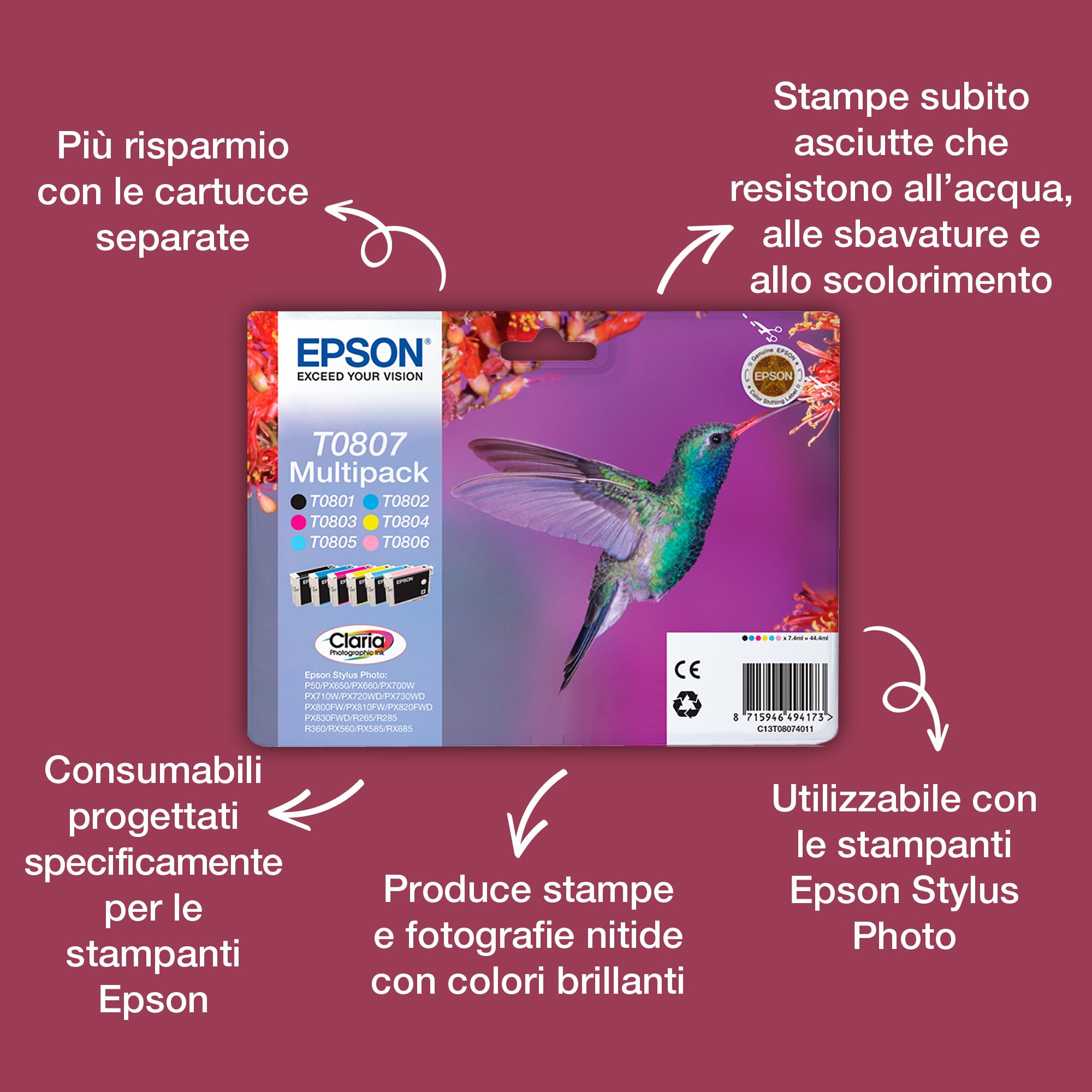 Epson Multipack di cartucce originali Colibrì T0807-6 colori: Cartuccia nero, ciano chiaro, magenta chiaro, magenta, giallo - 6 x 7,4 ml