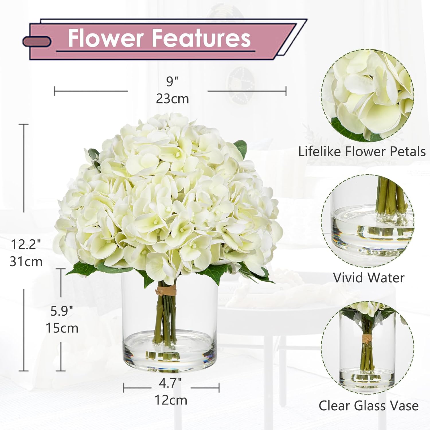 Hollyone Real Touch White Hydrangea Artificial Flowers in Vase Latex Large Faux Hydrangea Flowers Arrangements Hydrangeas Fake Flower with Glass Vase with Faux Water for Table Centerpiece Home Decor - Image 3
