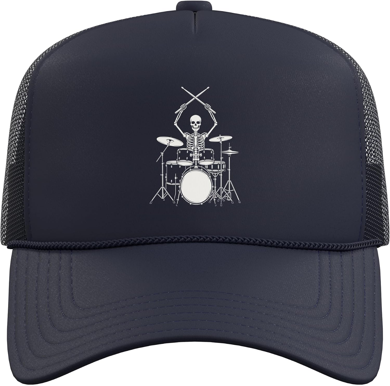 Vintage Skeleton Drummer Drum Set Drums Musician Music Band Trucker Hat with Adjustable Mesh Back image 2