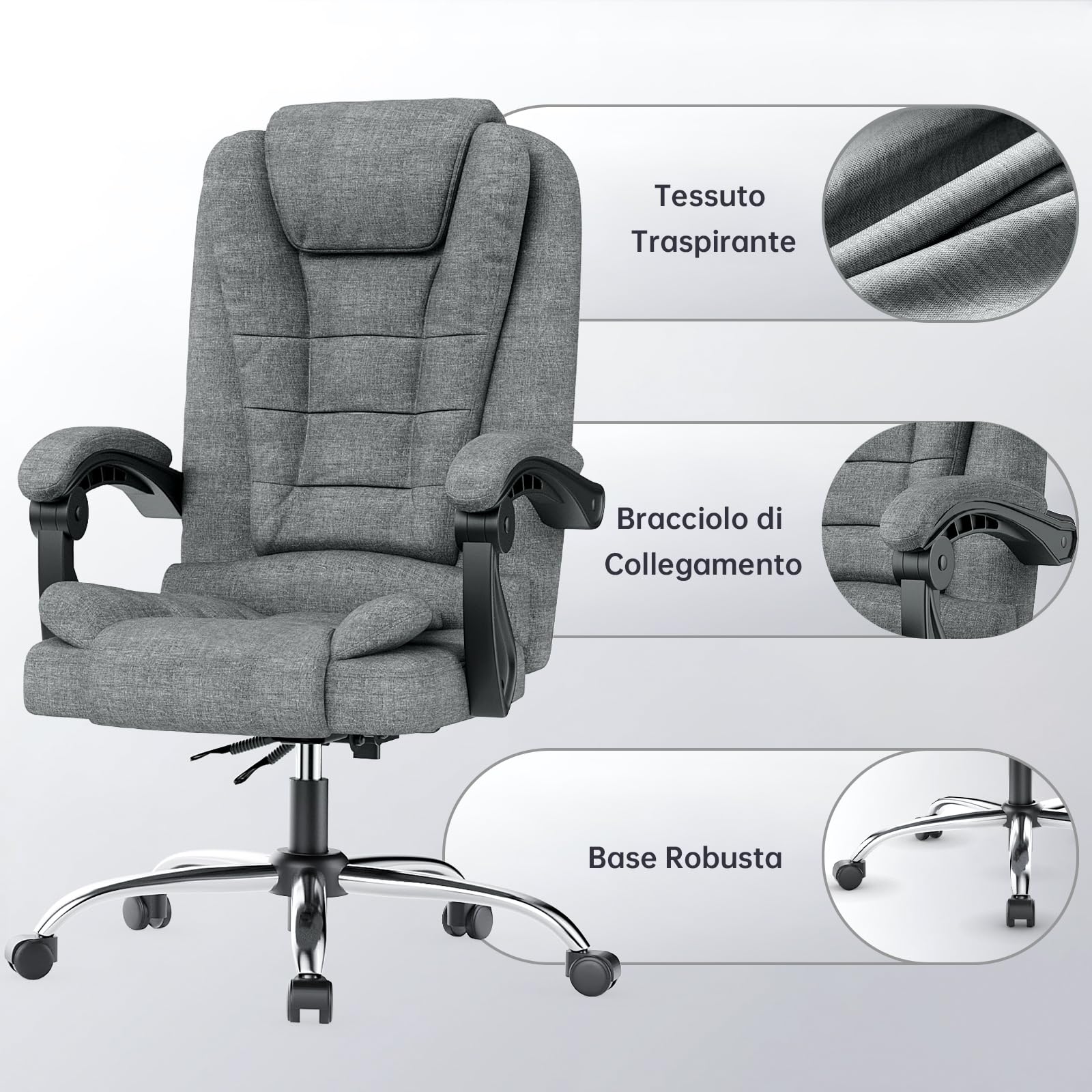 naspaluro Sedia da Ufficio Ergonomica, Poltrona Direzionale con Sedile Largo, Sedia Ufficio Reclinabile con Braccioli Imbottiti et Altezza Regolabile (Senza Poggiapiedi, Grigio Scuro)