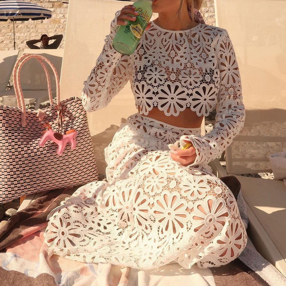 Summer Lace Two Piece Skirt Set for Women Sexy White Long Sleeve Crop Shirt Tops Crochet Full Length Skirts Sets - Image 5