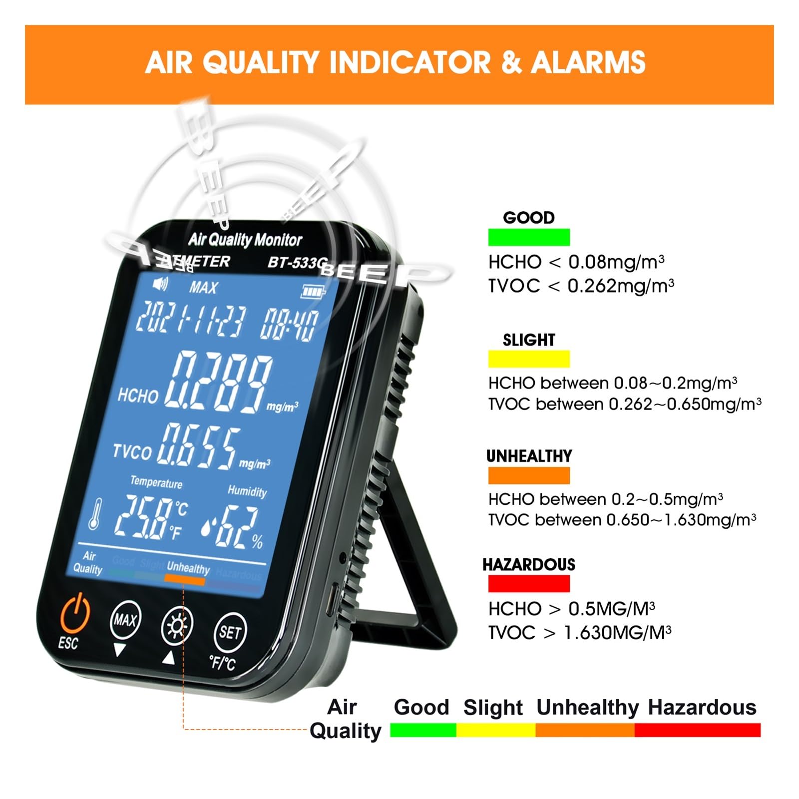 Moniteur de qualité de l'air intérieur BT-533G 4 en 1 détecteur de formaldéhyde HCHO/TVOC testeur précis
