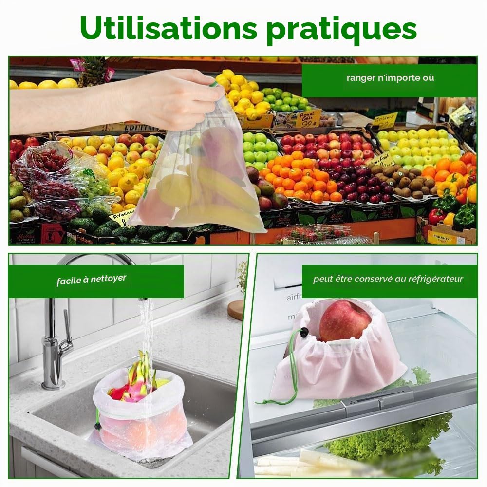Sac de Cordon en Maille 35 x 30 cm Lavable Anti-Moisissure Nylon Réutilisable Portable pour Shopping Stockage Fruits Légumes