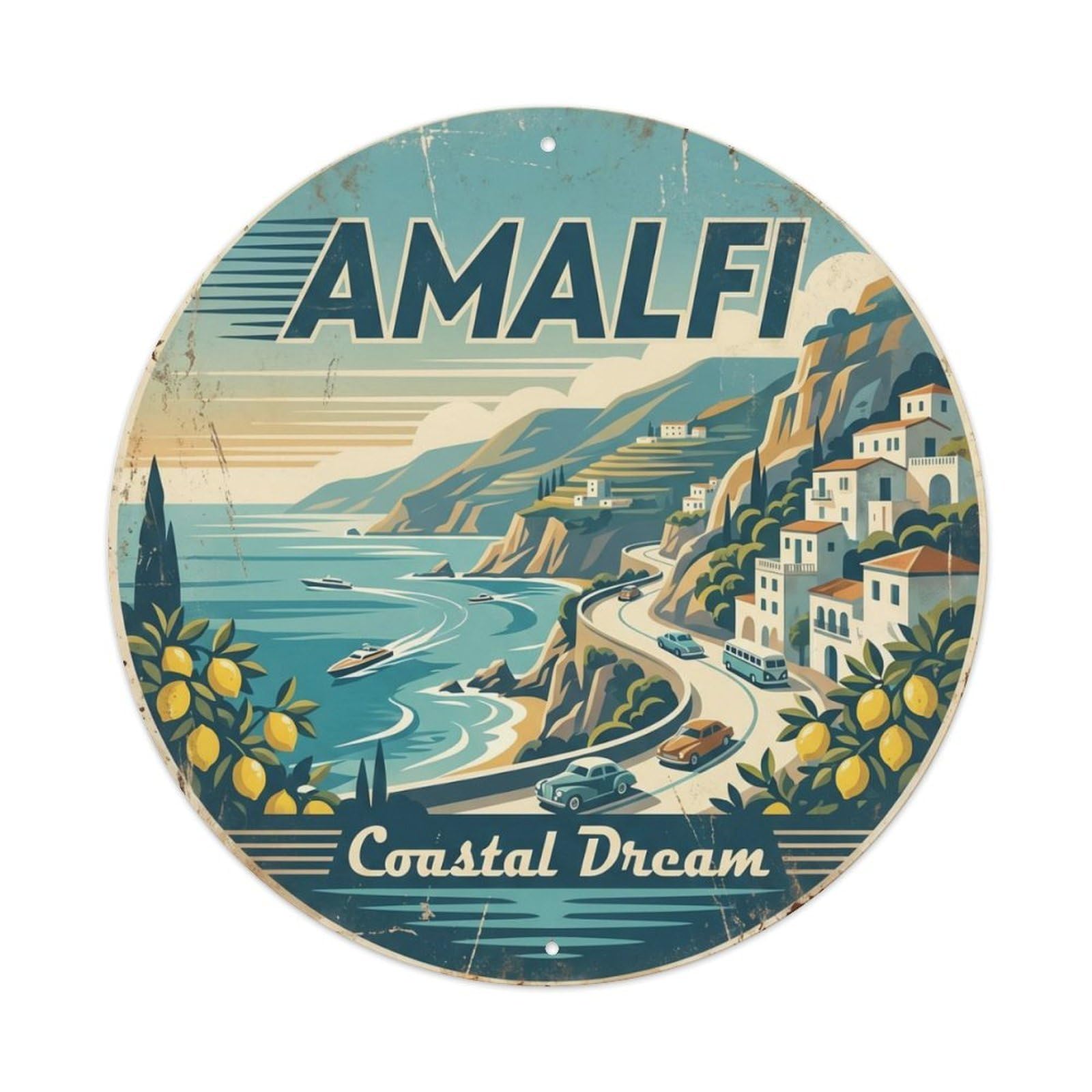 Vintage Travel Coast Amalfi Cliffs Metal Tin Sign Plaque Wall Decor for Cafe, Club Bar, Office, Home Garden Round Metal Poster 8x8Inch