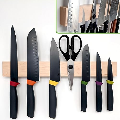 Miniatura 9 de Portacuchillos magnético de madera de arce de 16 pulgadas de alta calidad, tira magnética profesional para cuchillos, barra de cuchillos que ahorra