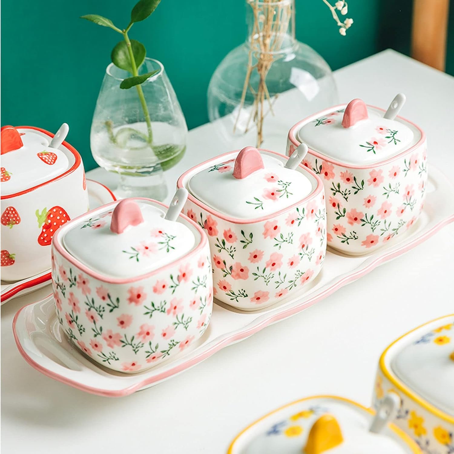 Sucrier en céramique peint à la main en forme de tasse à thé avec couvercle rouge/rose pour accessoires de café et rangement de cuisine