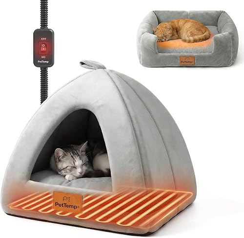 Cama térmica para gatos de interior, 2 en 1 con cueva para gatos y cama cálida con almohadilla térmica integrada de 22 W, lavable a máquina, muebles
