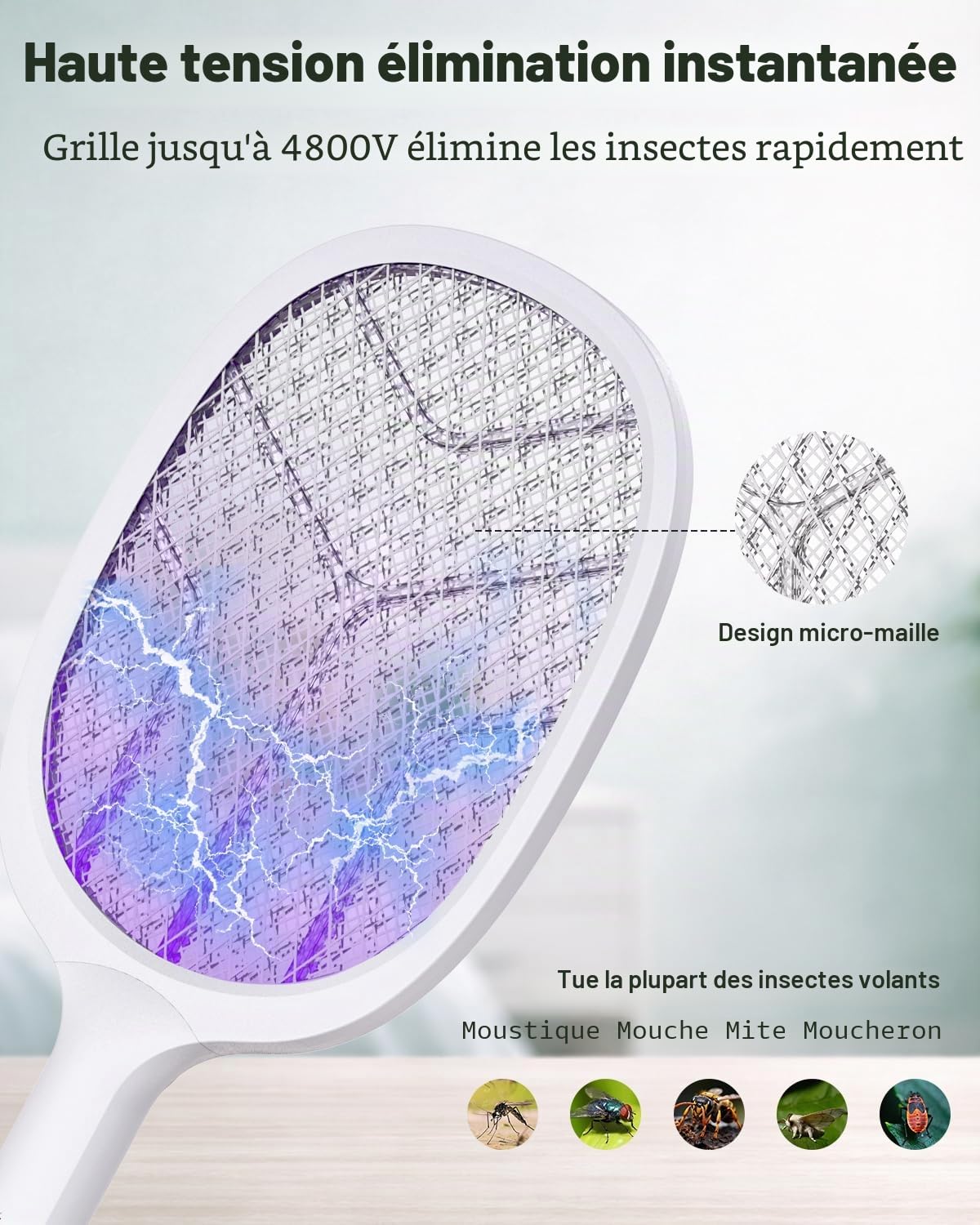 Raquette Électrique Insectes 4800V Anti Moustique 2 en 1 avec Lumière UV Rechargeable USB-C 2000mAh