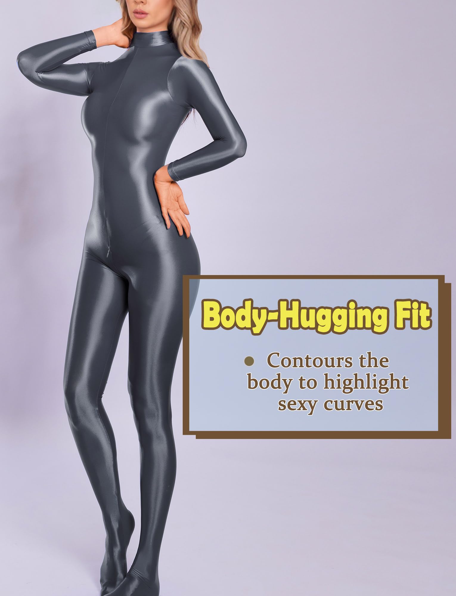 Damen-Bodysuit, ölglänzend, durchsichtig, transparent, langärmelig, Catsuit, Reißverschluss, Jumpsuits