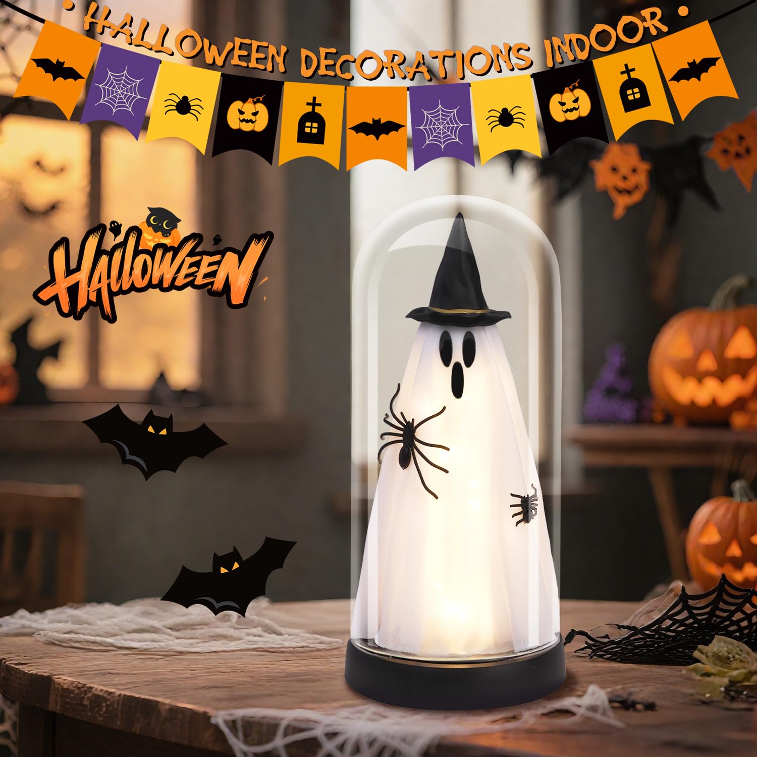 Dekoracja halloweenowa - dekoracje na Halloween do wnętrz - rozświetlający duch w szklanym kloszu - uroczy duch ze światłem do domu kuchni kominek dekoracja stołu na imprezę