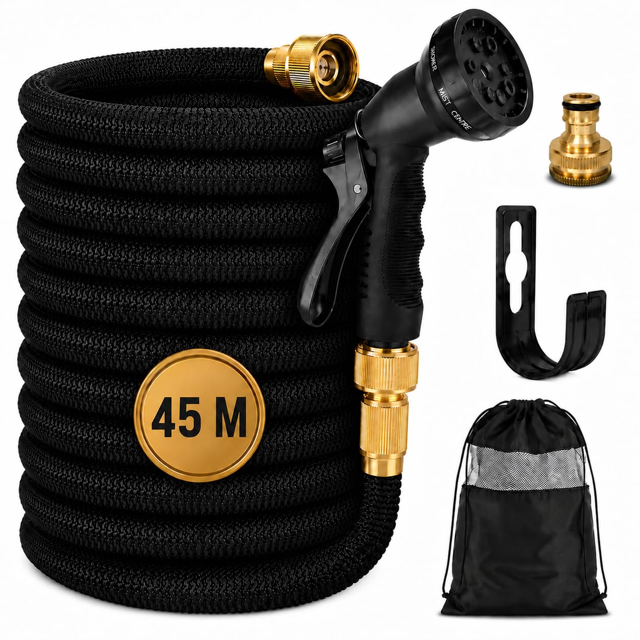 Manguera Extensible Jardín 45metros con Pistola de Riego Premium de 8 Modos, Conectores de Latón. Resistente y duradeea. Manguera agua flexible Reforzada Antifugas Alta Presión