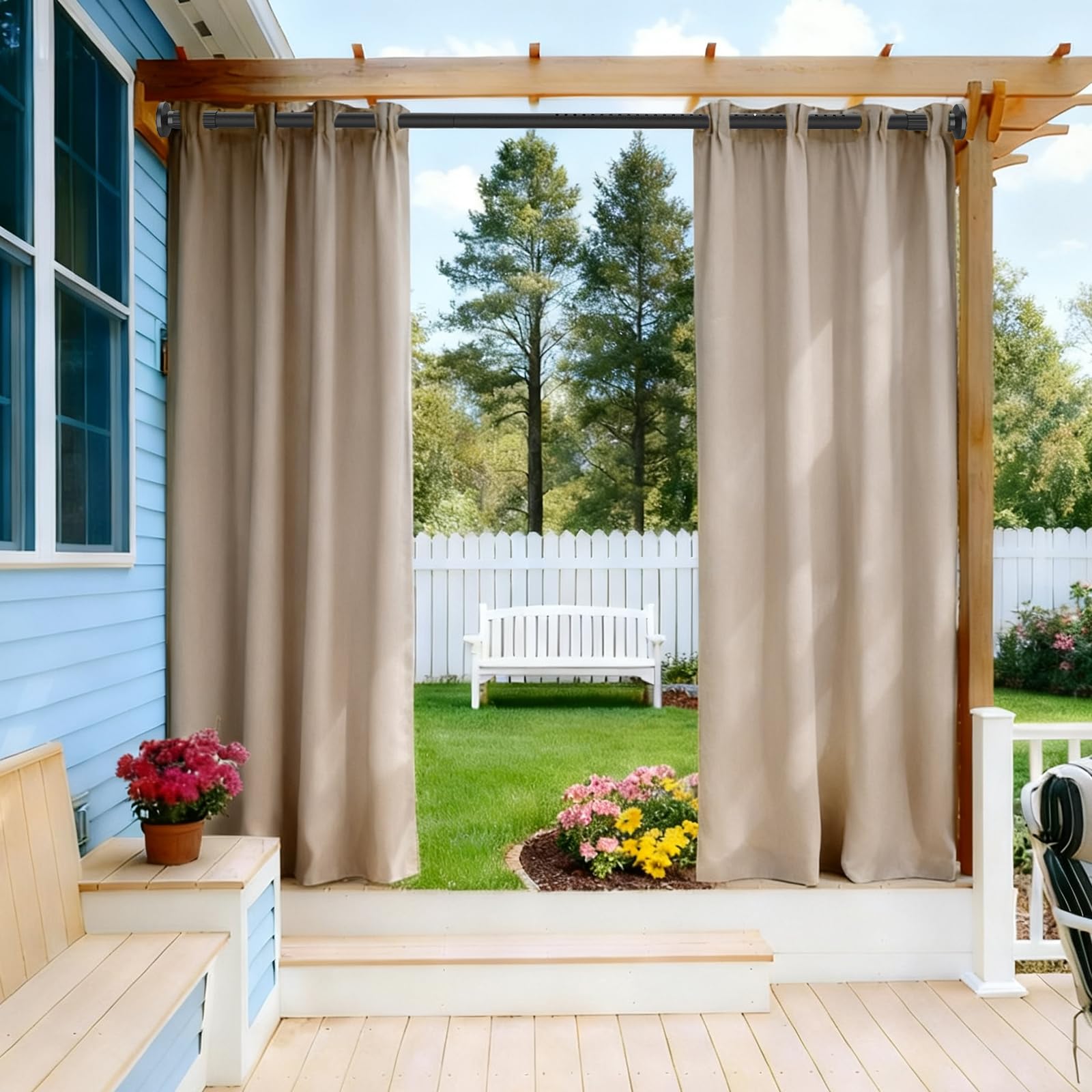 Spannvorhangstange, 130 - 416 cm, extra lange Outdoor-Gardinenstange für Terrasse, Fenster, Badezimmer, kein Bohren, doppelseitige verstellbare Feder-Duschstange, einfach zu installieren, rostet nicht