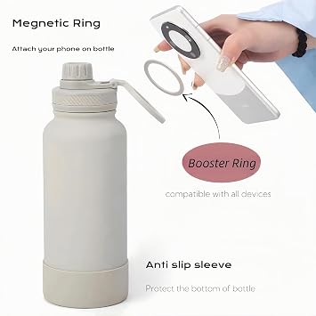 Magnetic Sports Water Bottle Compatible with Magsafe with Tripod Ring 360 Rotating Magnetic Phone Holder. Not Sold or Created by Magsafe (Black, 40 Ounces)