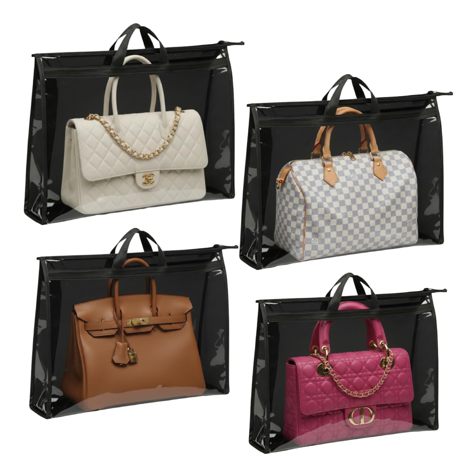 Raggle 4 PCS Foldable Hanging Handbag Organizer for Women | Transparent Purse Cover Storage Organizer for Wardrobe, Closet with Zipper Closure (Black, Purse Bag 4 pcs)