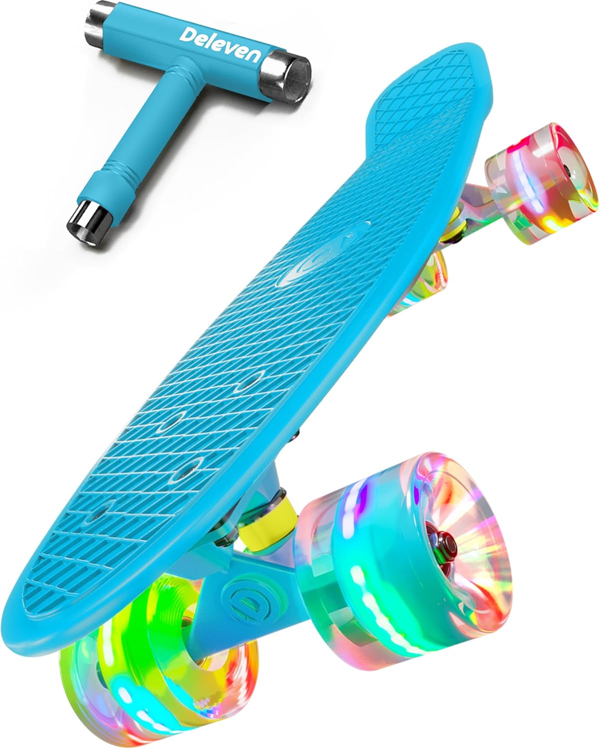 Deleven 22" Skateboard with Skate Tool, ABEC 7 Bearings - Mini Skateboard Cruiser for Kids Beginners Adults Boys & Girls 09 LED Wheels Light Blue