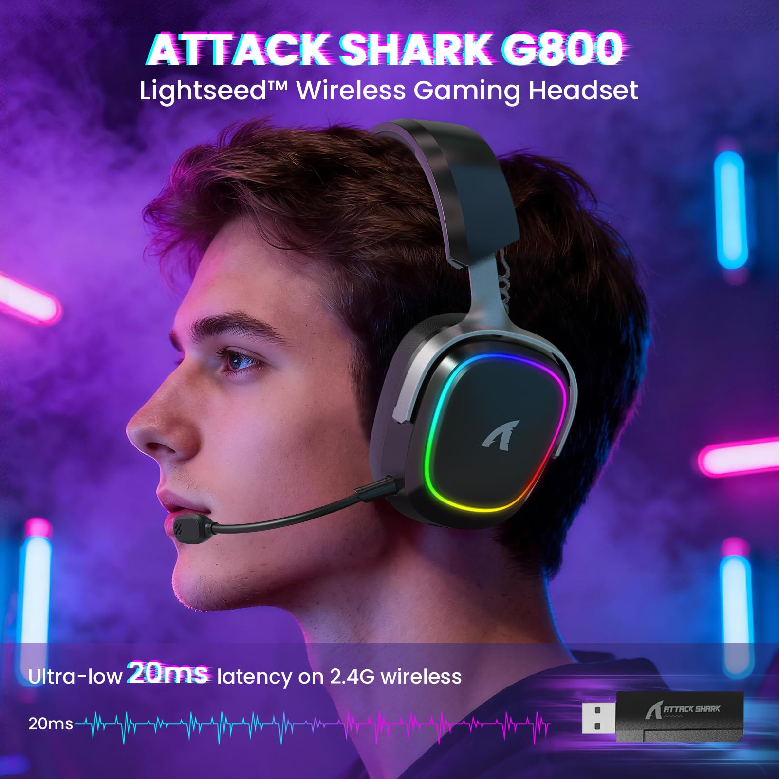 ATTACK SHARK G800 Wireless Gaming Headset with Aluminum alloy frame, 7.1 Surround Sound, Bendable ENC Mic, Tri-Mode(2.4G Wireless/Bluetooth/Wired), 1000mAh, 50mm Driver, RGB, for PC/Mac/PS/XBOX, Black