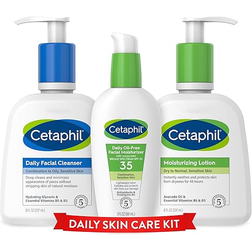 Cetaphil Daily Skin Care Kit, Daily Facial Cleanser 8 oz, Moisturizing Lotion 8 oz and Daily Facial SPF 35 Moisturizer 3oz