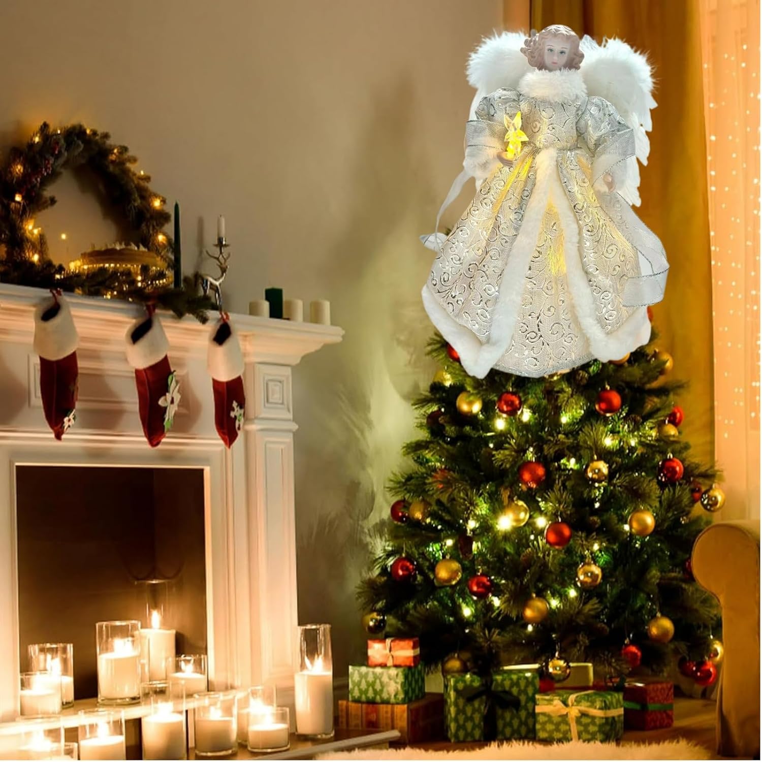Angel Tree Topper with LED Light, 14" Angel Treetop Figurine with Dress, Feather Wings, and 10 Lights for Indoor and Outdoor Holiday Decoration, Xmas Home Ornaments-Silver - Image 5