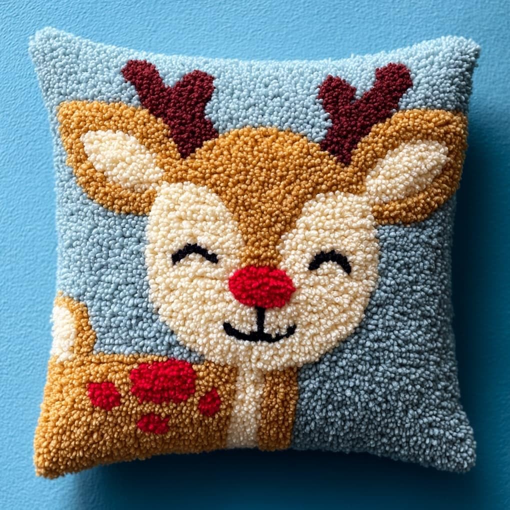 Henypt 17x17 Inch Latch Hook Kit,Smiling Deer DIY Tapestry Rug Craft,Needlework Cushion Set,Pre-Cut Yarn & Printed Canvas Kit for Home Wall Decor