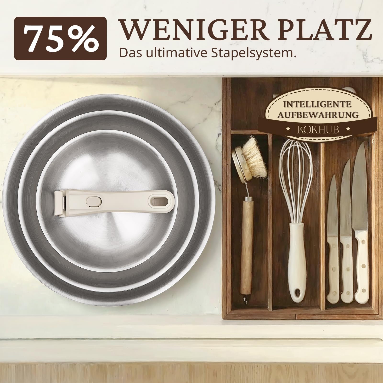 KOKHUB Pfannenset mit abnehmbarem Griff 7-Teilig, Edelstahl Pfanne | 20/26/30 cm, 3-Schicht-Material Bratpfannen Induktion unbeschichtet, Platzsparend, PFOA- & PFAS-frei, Backofenfest, Beige