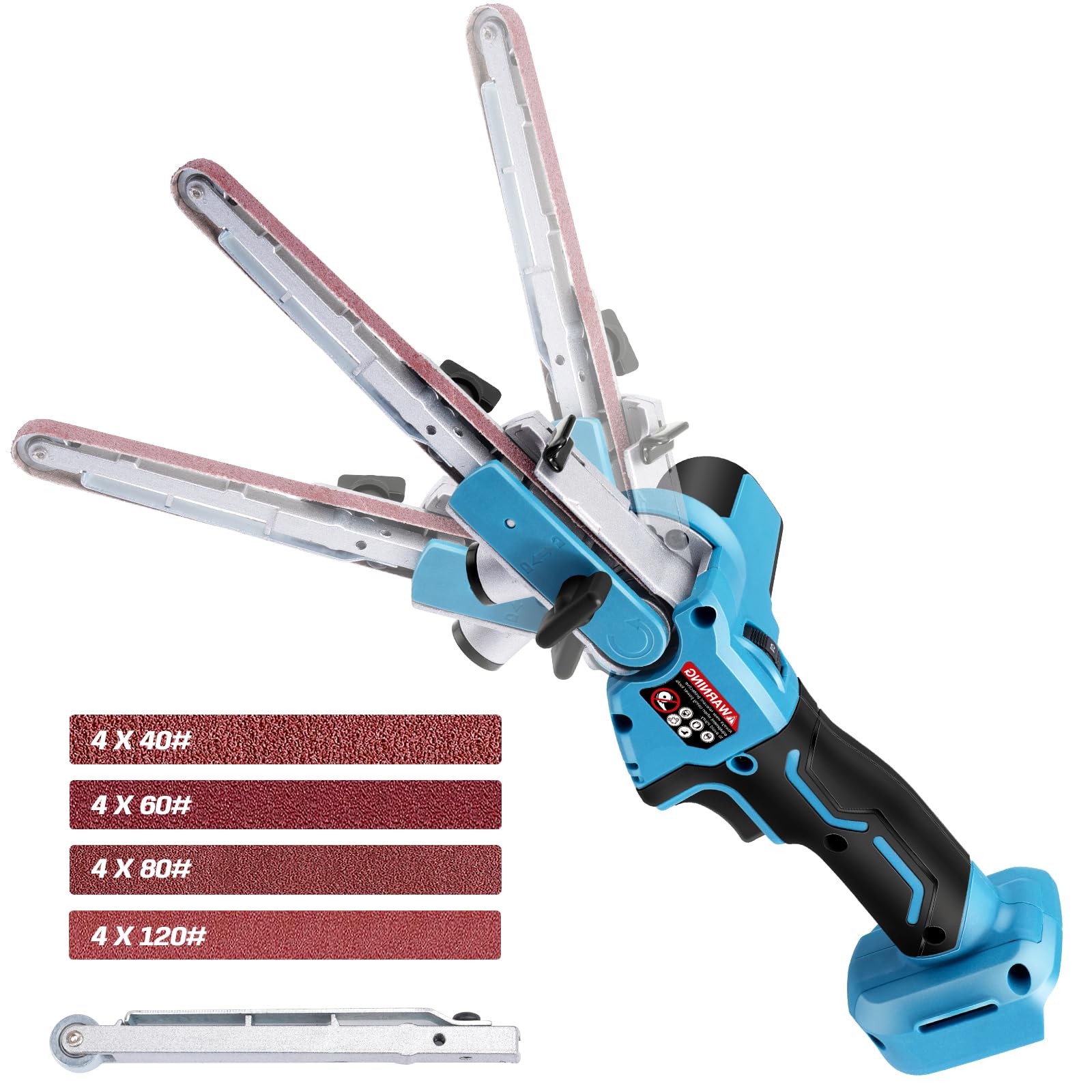 Akku Bandschleifer Kompatibel mit Makita 18V, Bürstenloser Akku-Bandfeile mit Schleifarme 9 mm und 13 mm inkl. 16x Schleifbänder, 6 Geschwindigkeiten, 100° Einstellbare Feilenschleifer (ohne Akku)
