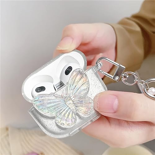 Miniatura 2 de Newseego Compatible con Airpods 3, bonito diseño de mariposa con purpurina transparente 3D funda de TPU suave y suave con bonito llavero de cristal