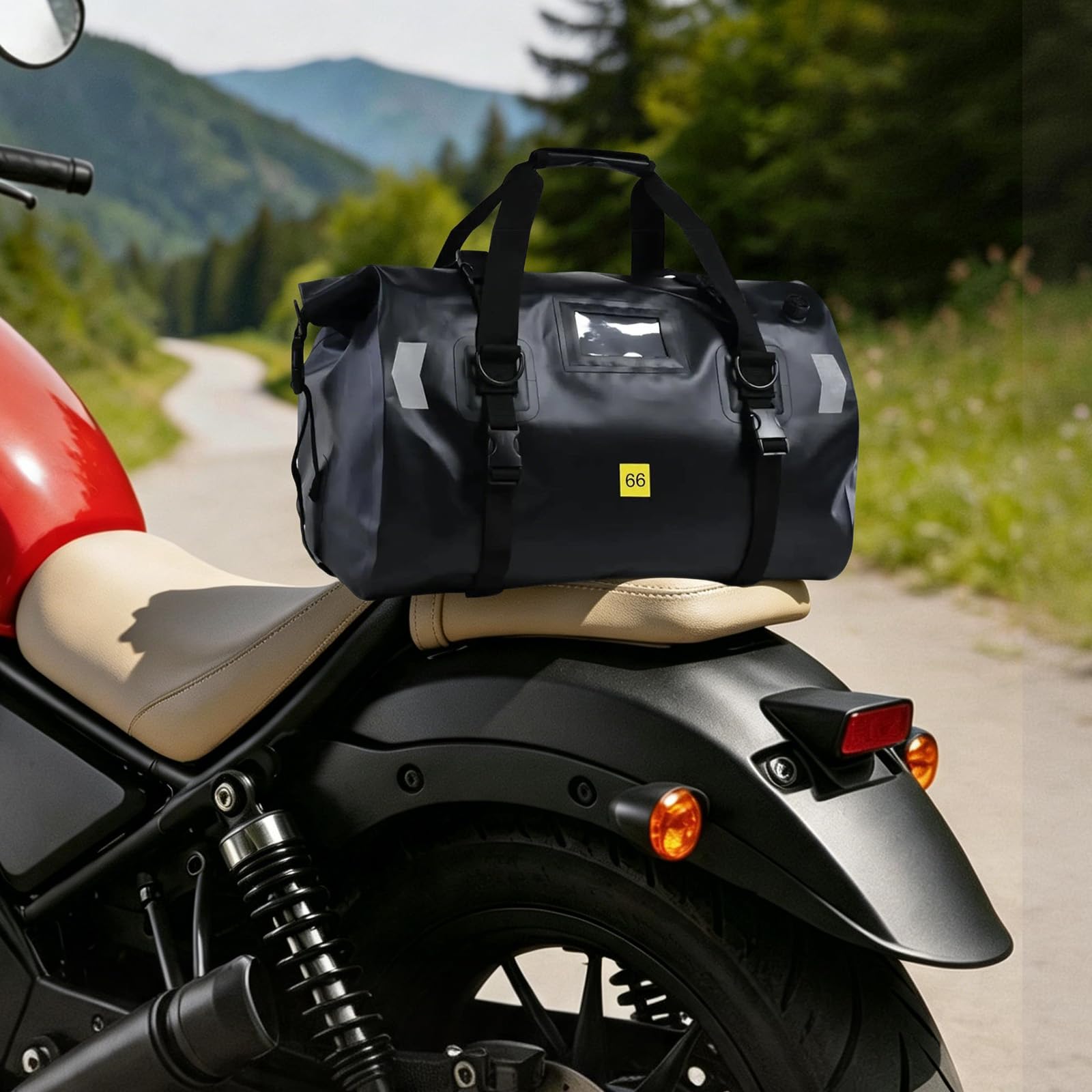 Torba motocyklowa 66 l, wodoszczelna, torba podsiodłowa (66 l) | Odblaskowa torba z PCW na podróż motocyklową, kemping i do aktywności na świeżym powietrzu