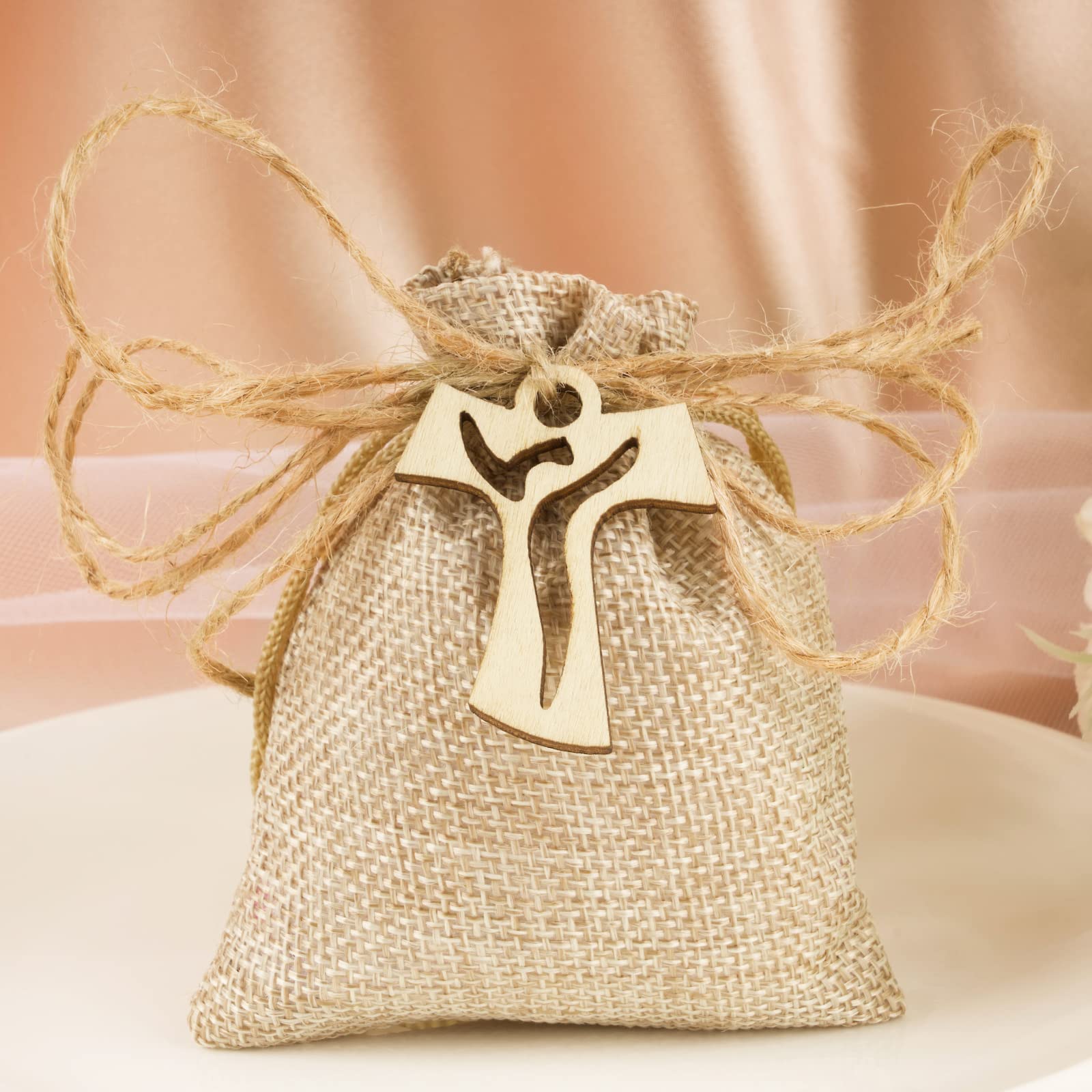 Kit Bomboniere Sacchetti Iuta 10x8cm Con Croce Tau Legno - Per Comunione, Battesimo | 24 Pezzi