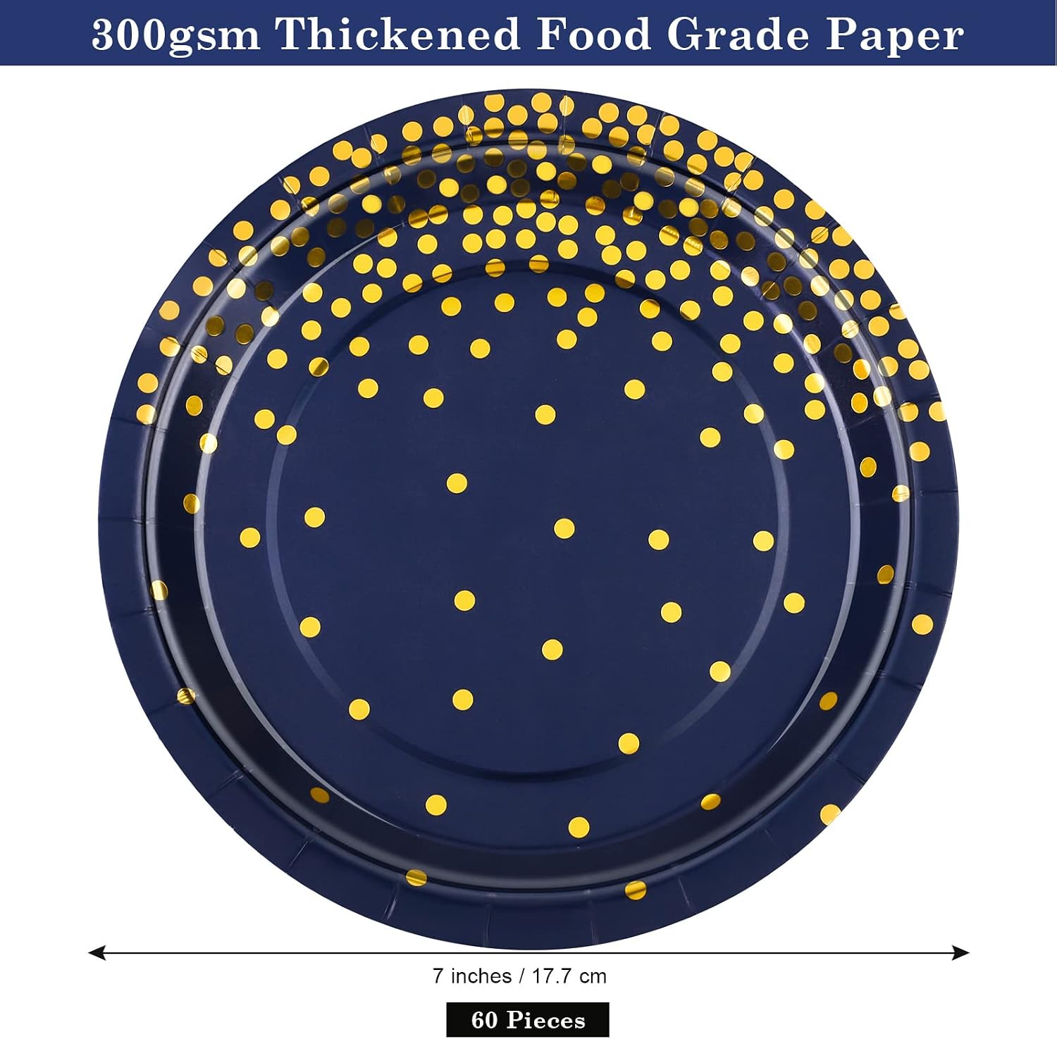 Aneco 60 Pieces 7 Inches Disposable Paper Plates Navy Blue Plate Blue and Gold Foil Dot Dessert Plate Round Paper Plates for Wedding Bridal Shower Birthday Party Decorations image 2