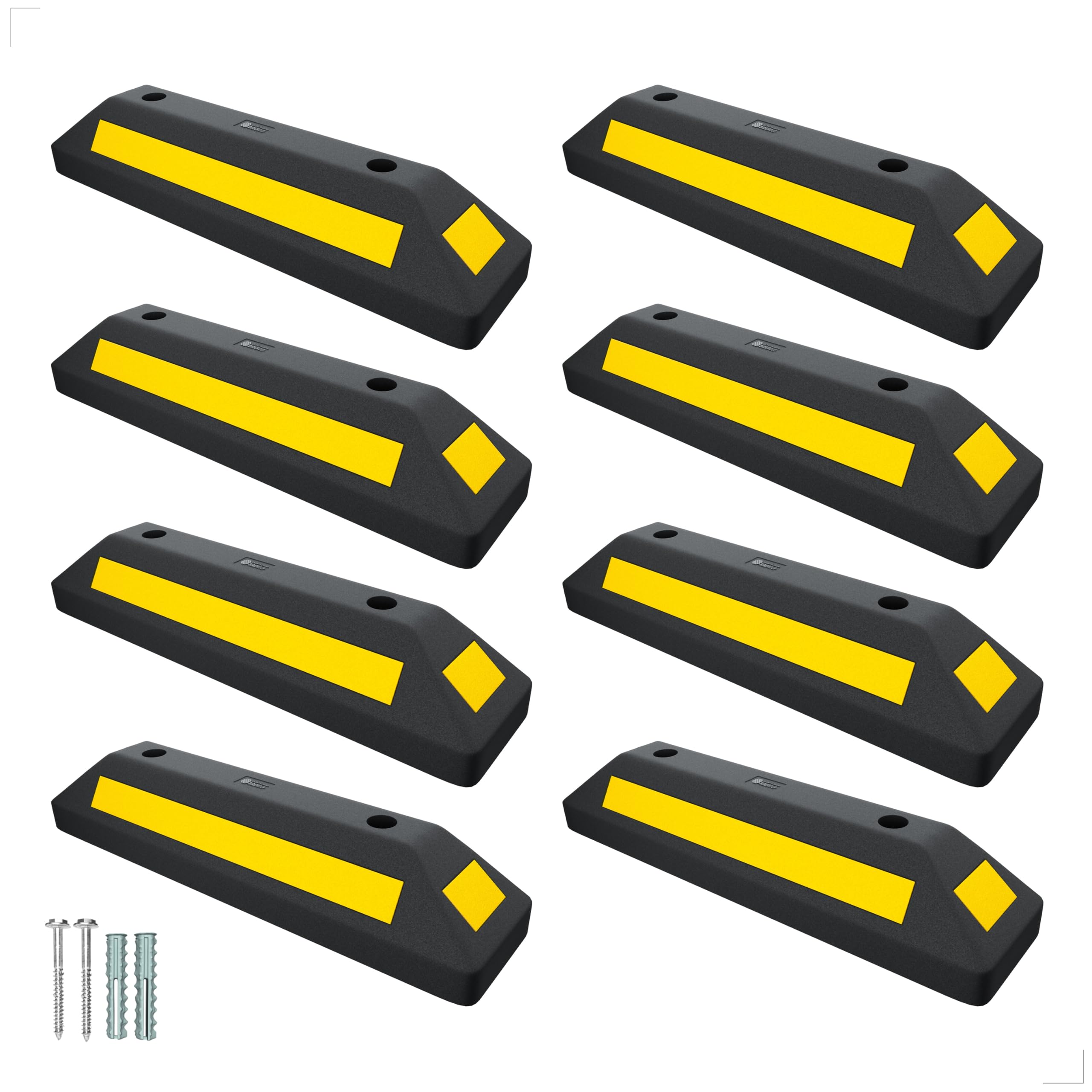 Berry 8 Pcs Wheel Stopper 57CM Black with Screw and Anchor | Rubber Parking Wheel Stops for Car Parking Areas | Heavy Duty Parking Blocks Black with Yellow Strips (8 Pc Set)