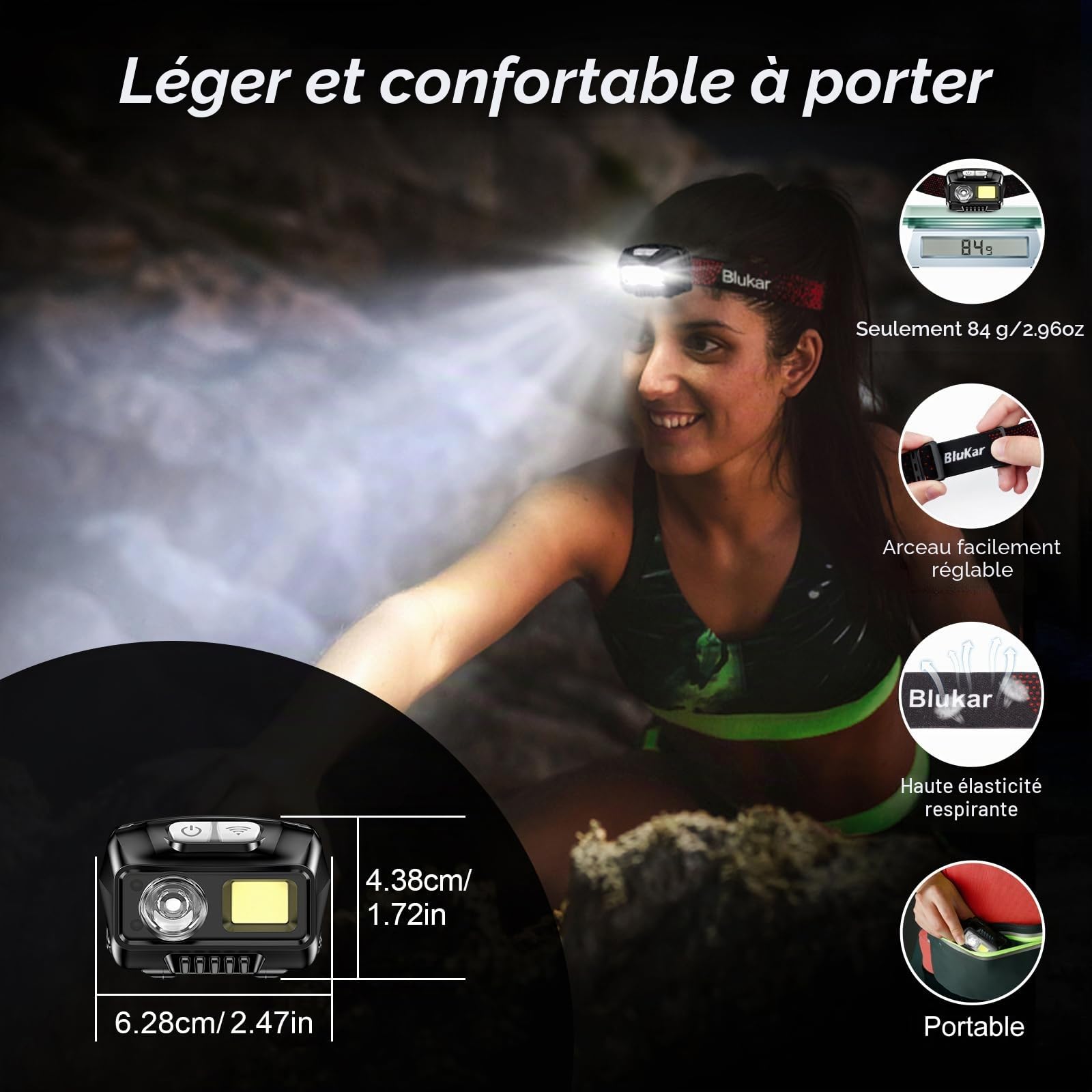 Blukar Lampe Frontale Rechargeable, 2000LM Super Lumineux IPX5 Étanche Léger Torche Frontale LED Puissante avec Voyant Rouge, 8 Modes d'éclairage, Capteur Mouvement,30H d'autonomie pour Course/Urgence
