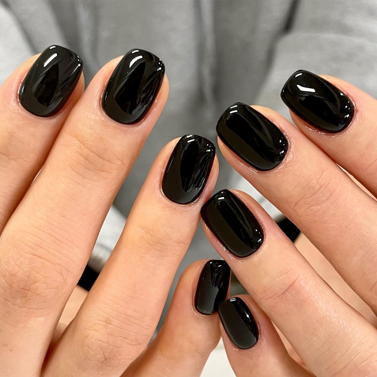 GLAMERMAID Extra Short Press on Nails, Gothic Pure Black Fall Gel Glue on Nails, Glossy Round UV Finish Fake Acrylic False Nails Manicure Kits for