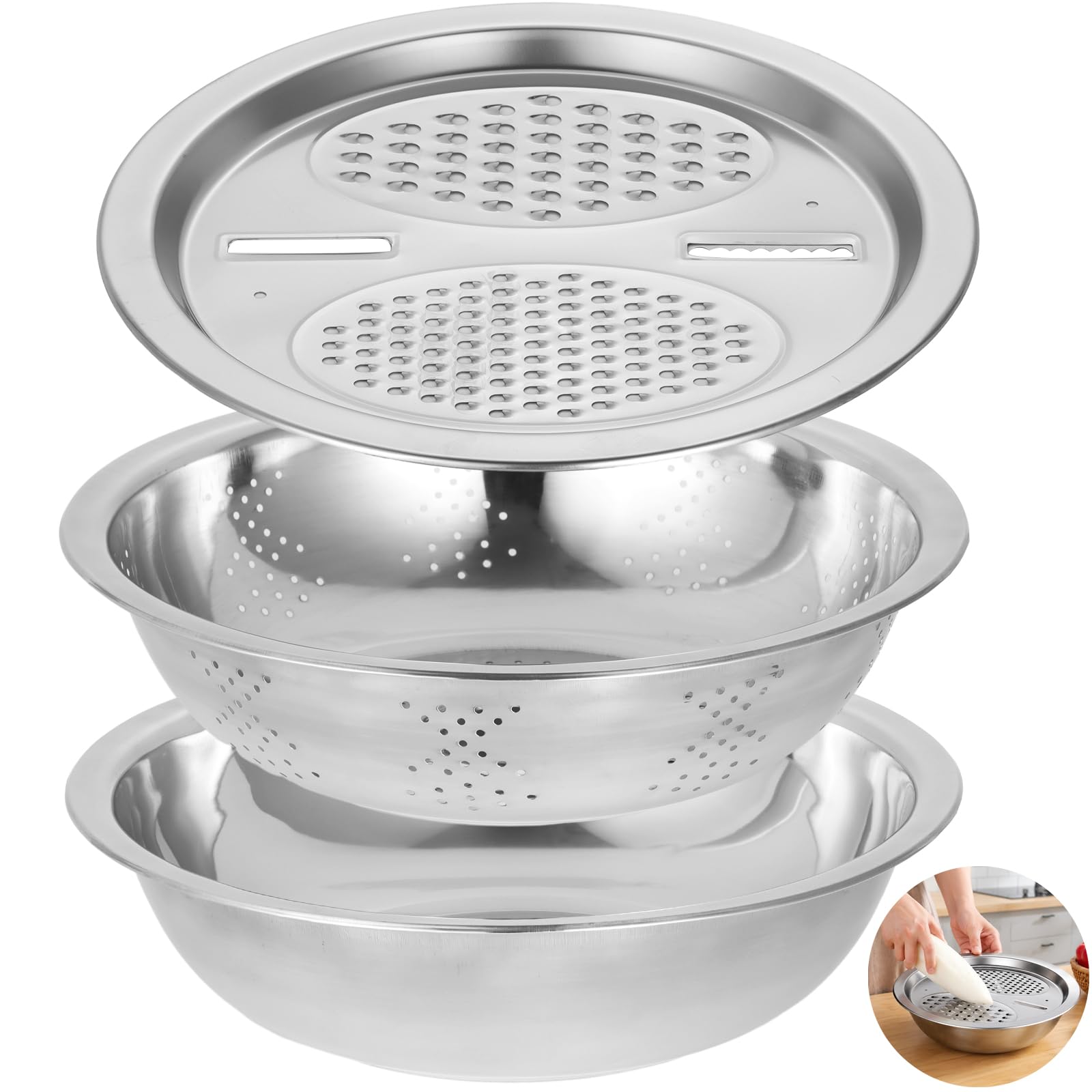 Generisch 3er Set Multifunktions Edelstahl Reibeschüssel, 30 cm 11,8 Zoll große Rührschüssel, Sieb für die Küchenzubereitung, vielseitiger Reibedeckel, kompatibel mit Induktionskochfeldern