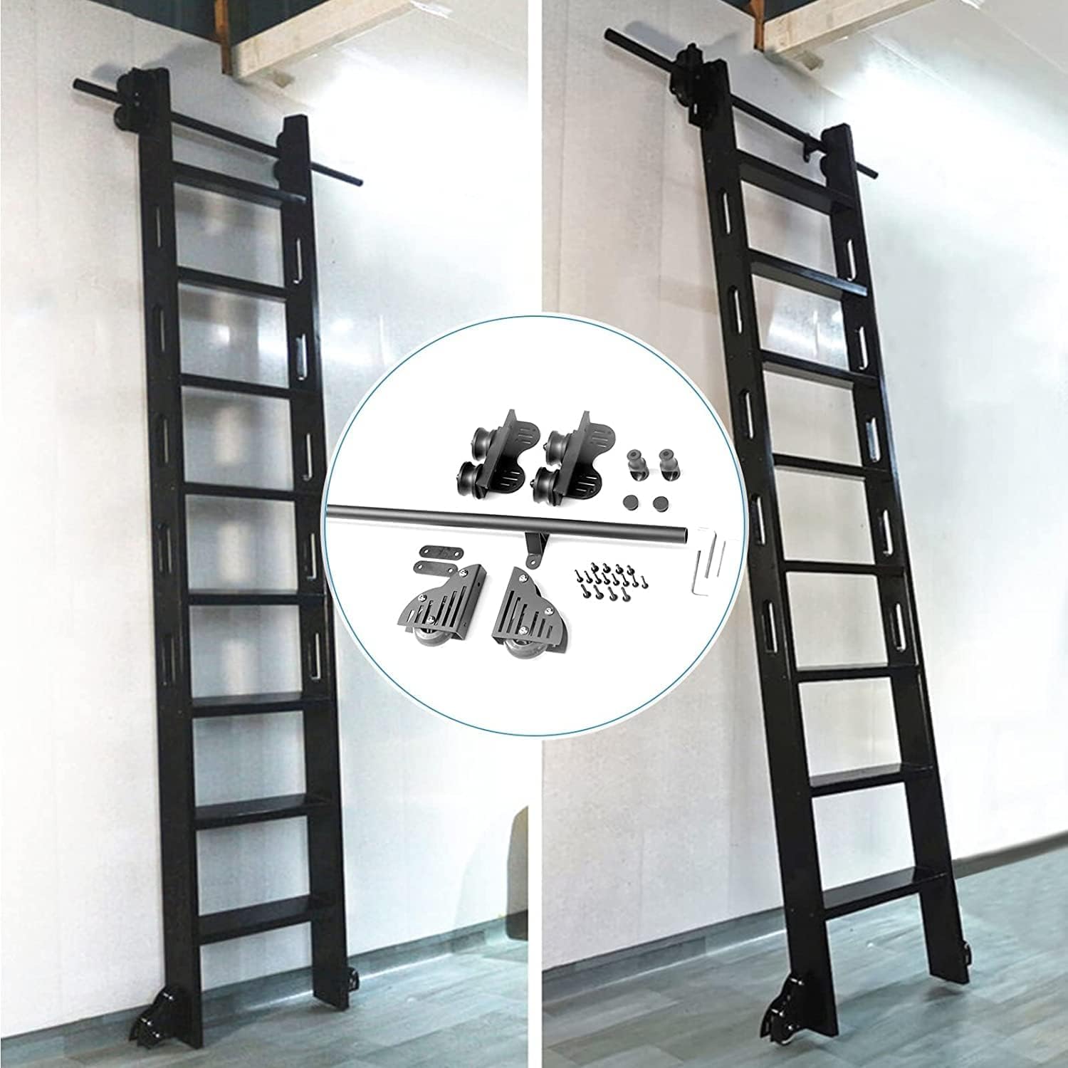 Retractable Rolling Ladder Hardware Kit, 10ft/300cm, Black Steel Round Tube, for Library Sliding Ladder, Retractable Lad