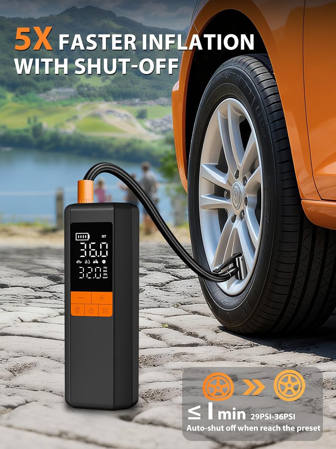 AIRSURE Tire Inflator Portable Air Compressor, 5X Faster Air Pump for Car Tires, 150PSI Cordless Tire Pump with Powerful Battery, Digital Gauge, 12V DC & Auto Shut-Off for Car, Bike, Motorcycle, Balls