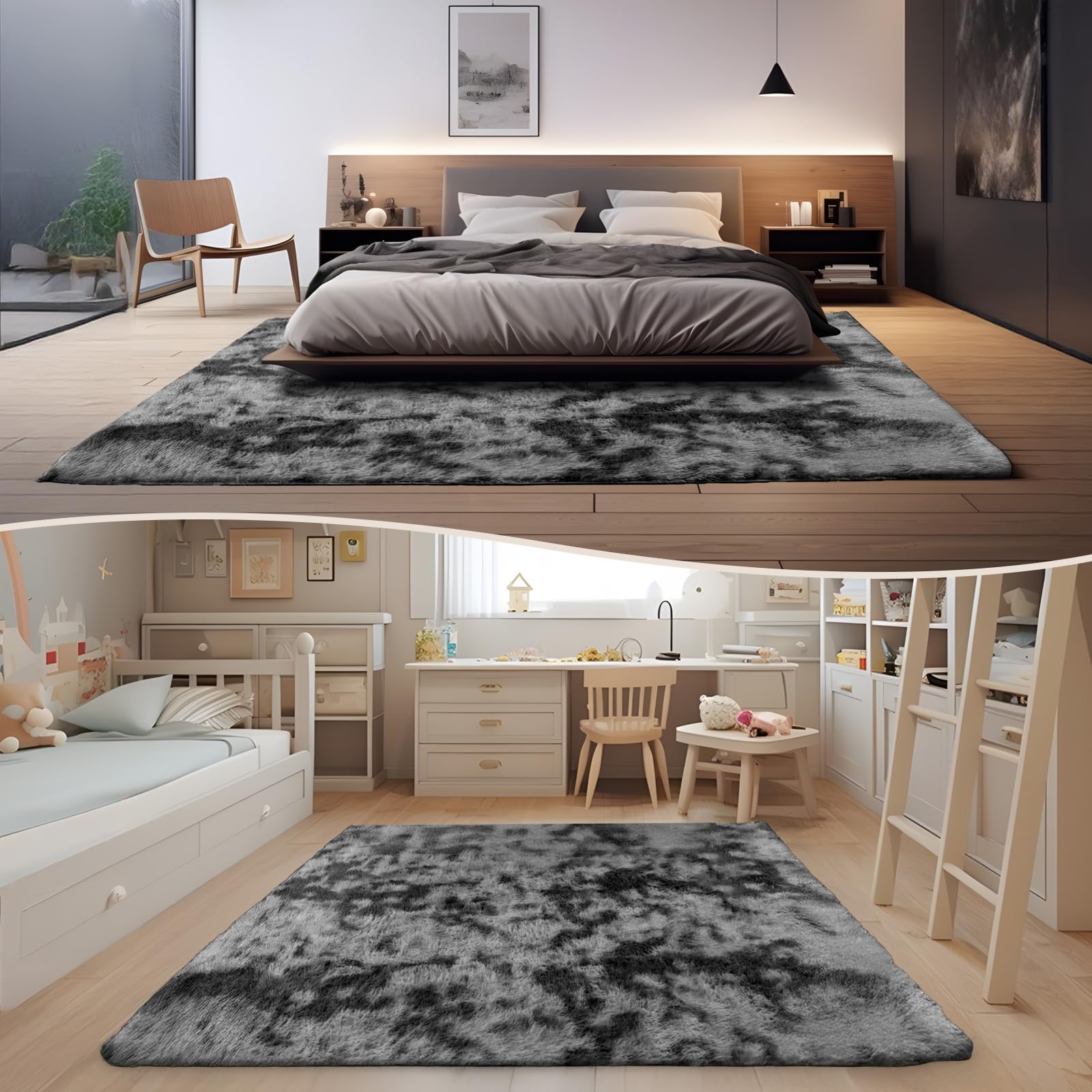 Grand tapis pour salon - 160 x 230 cm - Gris foncé - Tapis à poils longs ultra doux et moelleux pour chambre à coucher, chambre d'enfant, décoration d'intérieur, ne perd pas ses poils - envers