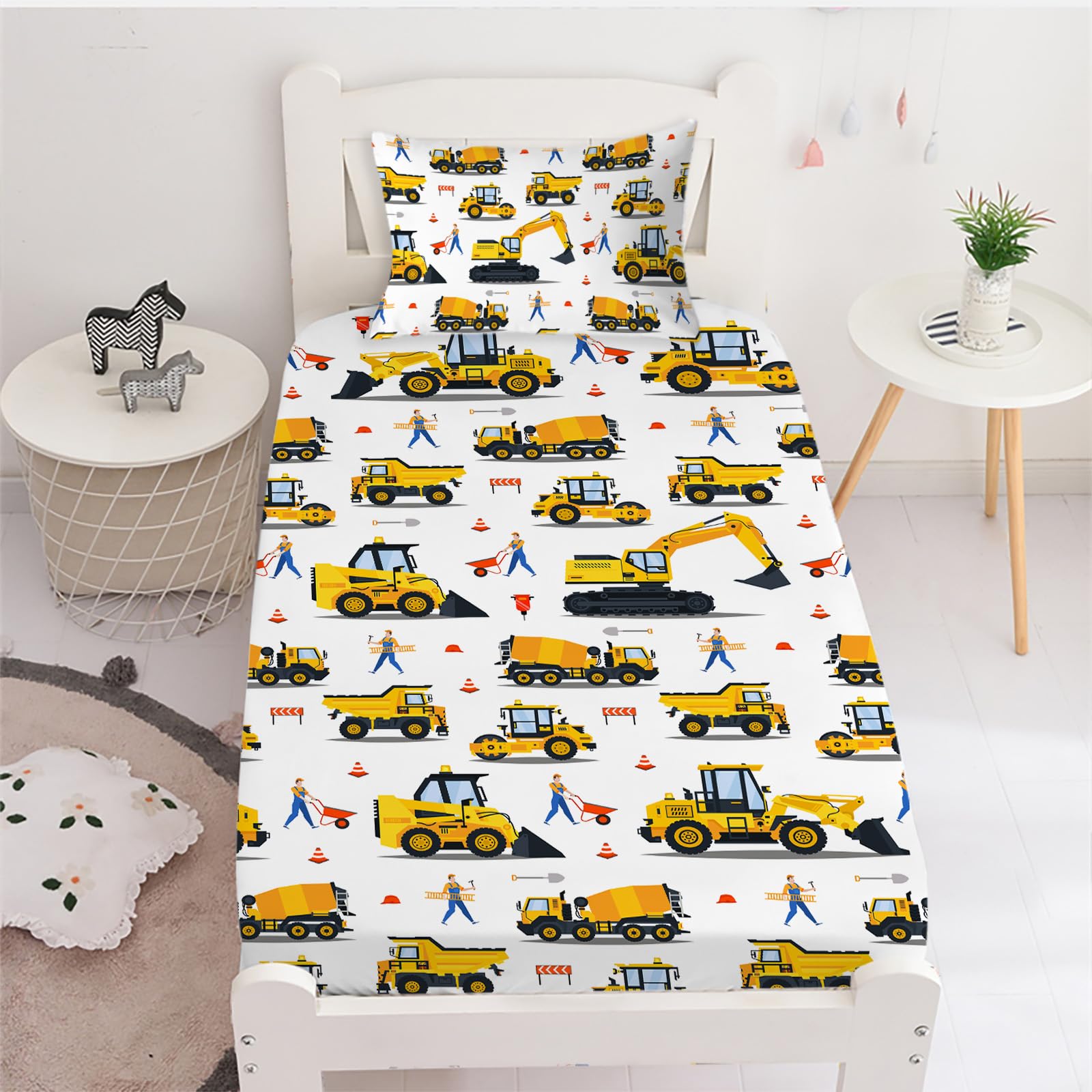 Yasida Twin Fitted Sheet Kids Car Sheets Twin Cartoon Excavator Truck Lifter Bedding 3D Printed Washable Machines Sheets with 1 Fitted Sheet +