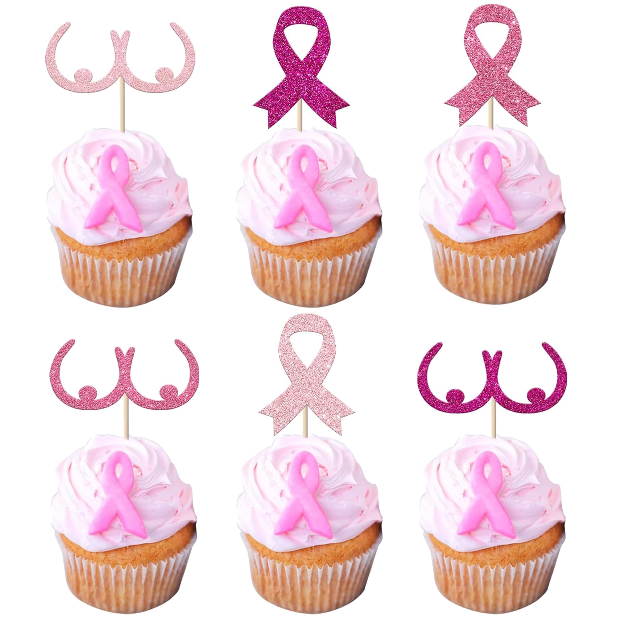 SYKYCTCY 36 Pack Breast Cancer Awareness Cupcake Toppers Glitter Ribbon Fight Beliveve Hope Cupcake Picks Believe Hope Pink Ribbon Cupcake Decorations Party Supplies Multi