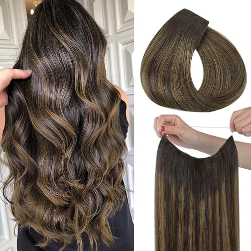 Vista 15 de RECOOL Extensiones de cabello humano real con alambre, balayage, color marrón chocolate a marrón claro y rubio decolorado, extensiones de cabello