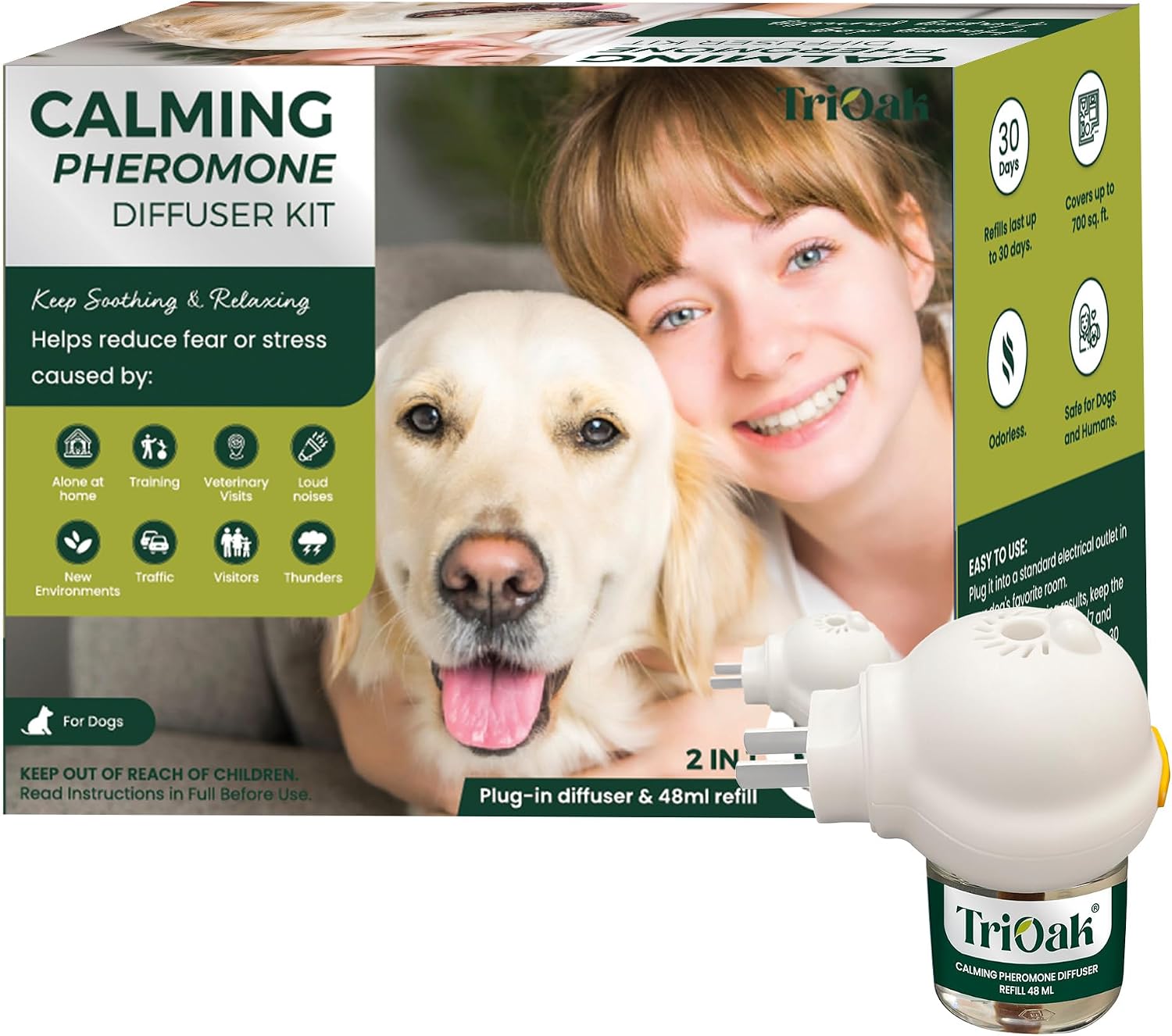 TriOak Dog Calming Pheromone Diffuser, 2 in 1 Dog Pheromones Calming Diffuser Starter Kit (Diffuser Head + 48ml Vial), Dog Pheromone, Dog Appeasing Pheromone for Dog Anxiety Relief