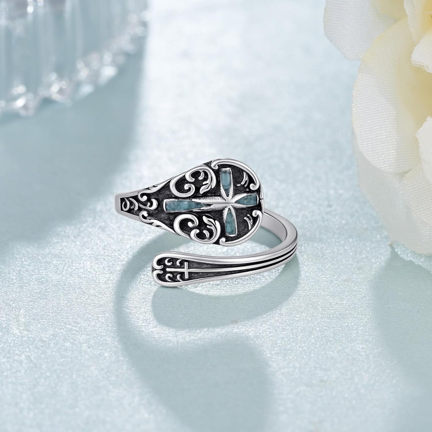 Spoon Rings for Women 925 Sterling Silver Turquoise Cross Adjustable Ring Thumb Ring Vintage Turquoise Spoon Jewelry for Women