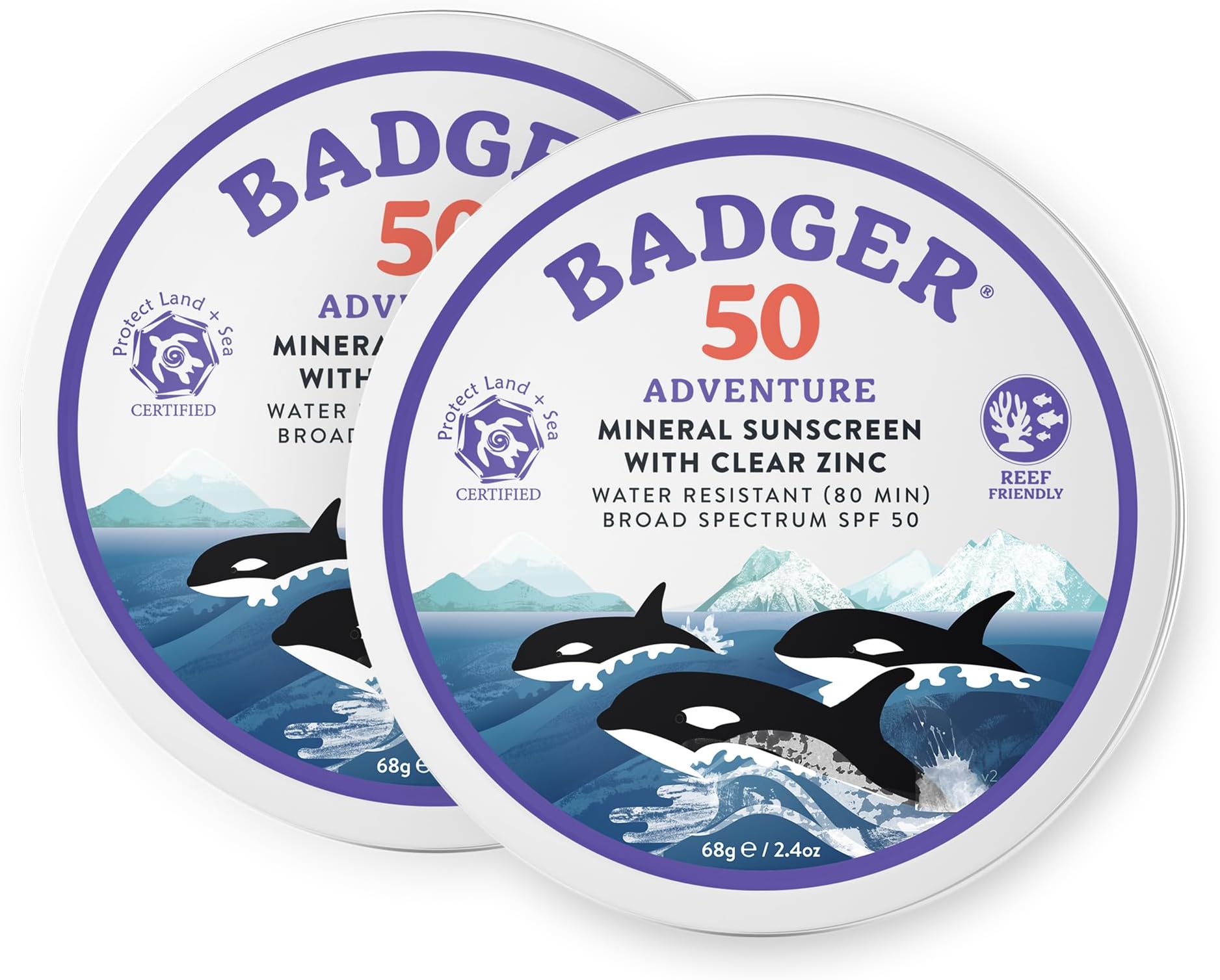 - Reef Safe Mineral Sunscreen, SPF 50, 98% Organic with Zinc Oxide, Non Toxic, Water Resistant, Unscented & Hypoallergenic, Broad - Spectrum, For Adventure, Travel & Sport, 2.4 oz Tin (2 Pack)