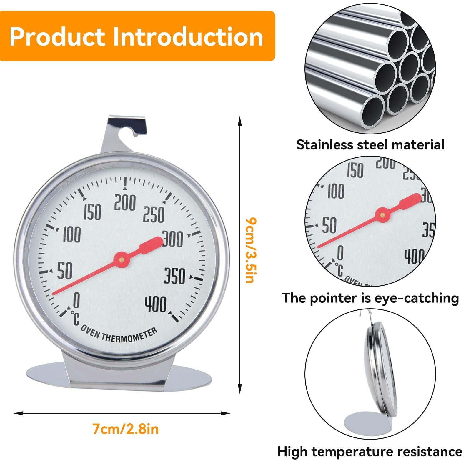 Oven Thermometer,Termometro per Forno con Gancio Puntatore Rosso,Termometro da Forno in Acciaio Inox per Appendere,Termometri da Forno Elettrico