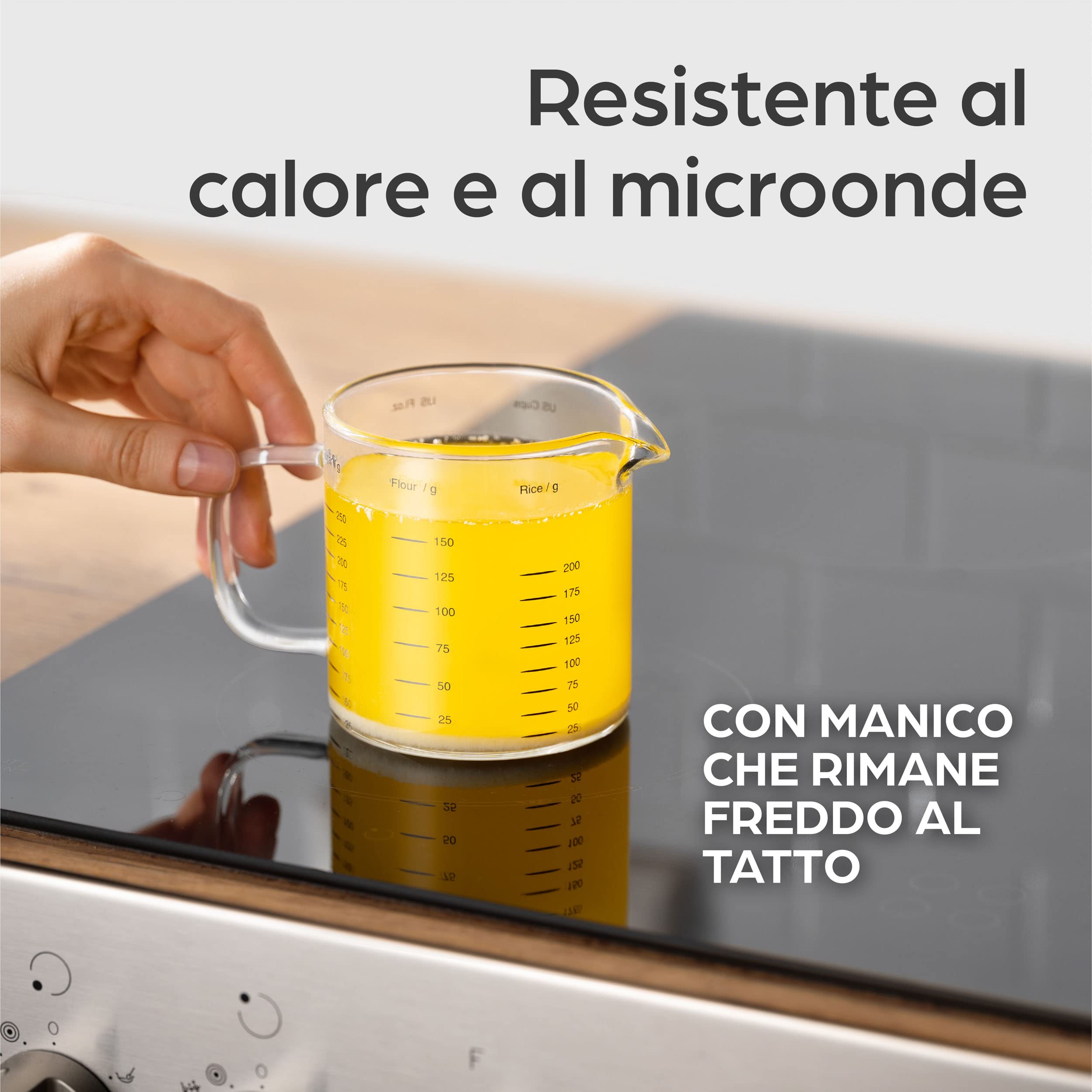 Praknu Brocca Graduata in Vetro - 50ml, 125ml, 250ml - Scala Precisa - Impilabile - Resistente al Calore e al Microonde.