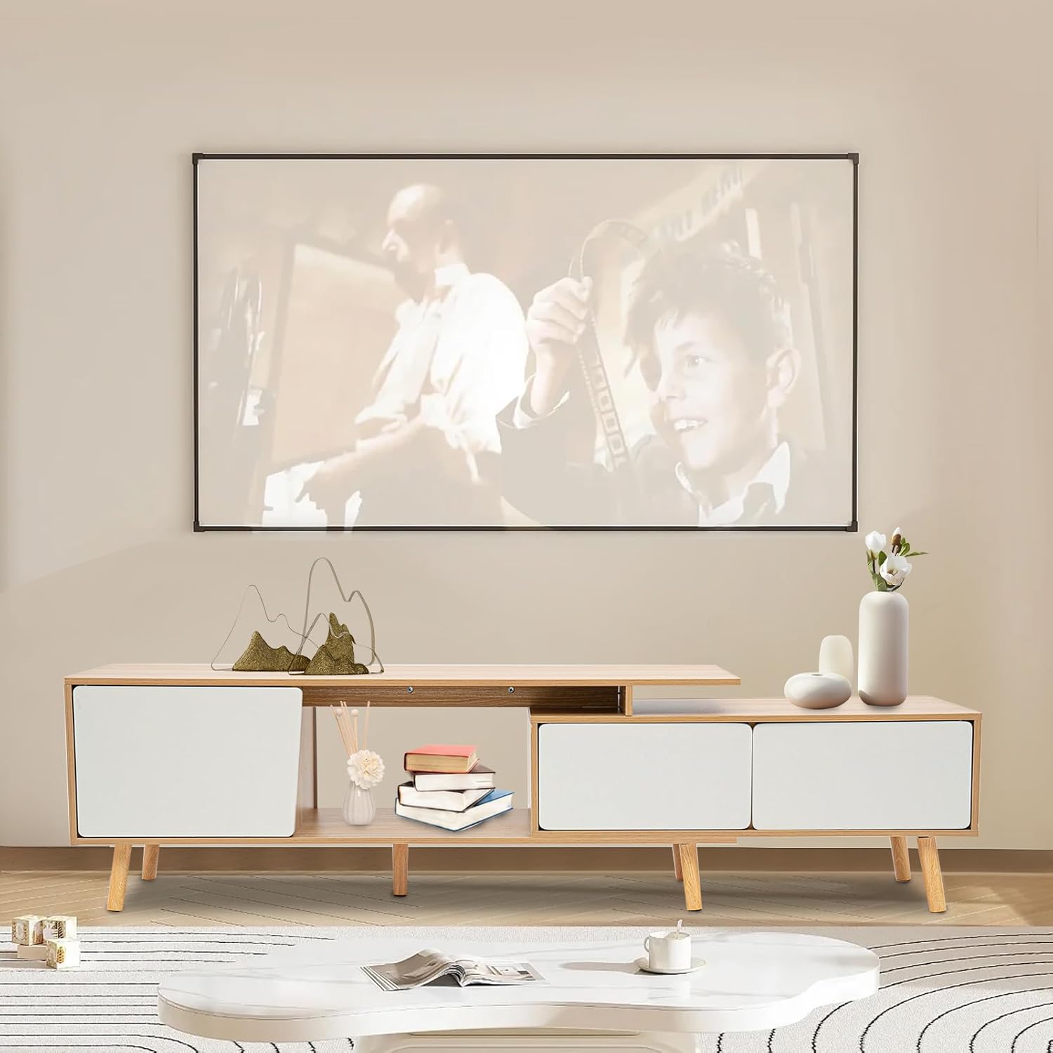 Wood TV Stand with Adjustable Shelves, Solid Wood Feet & Anti-Slip Pads, Modern Entertainment Center Media Console Television Stand for Living Room, Bedroom, Easy to Install (White+Wood)