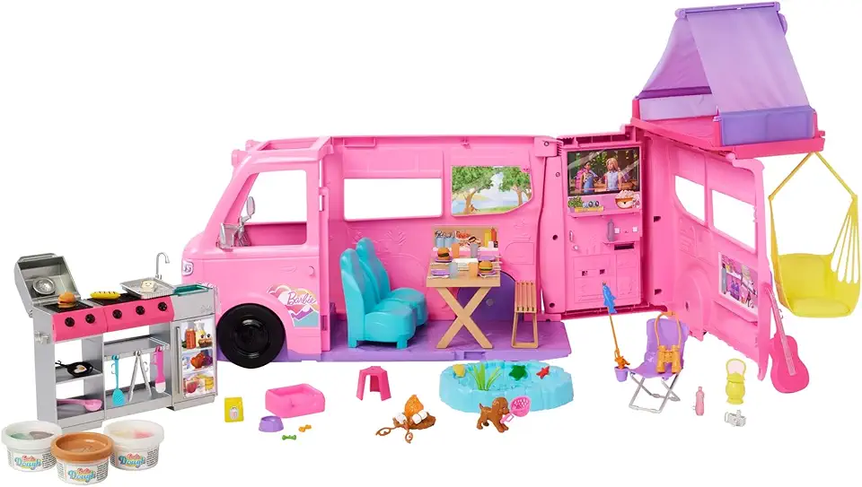 Barbie Dream Camper Playset com barraca de teto, cadeira de balanço, lago de pesca, churrasqueira com recurso de mudança de cor e mais de 60 acessórios, incluindo massa